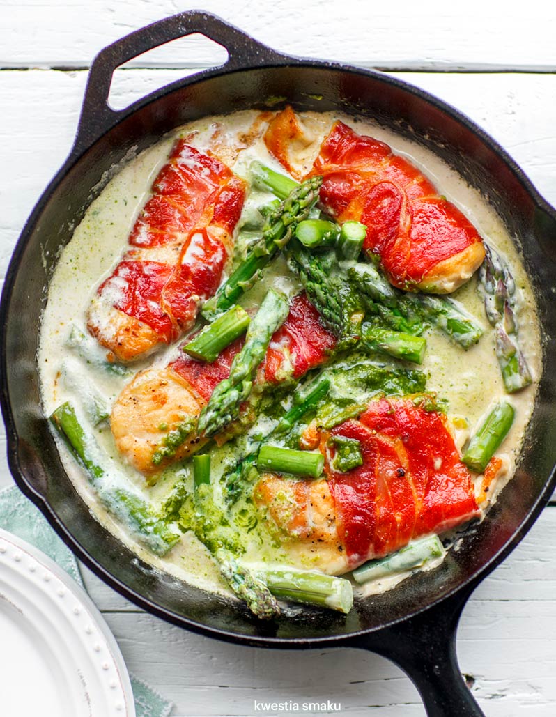Kurczak w szynce ze szparagami w sosie z zielonego pesto