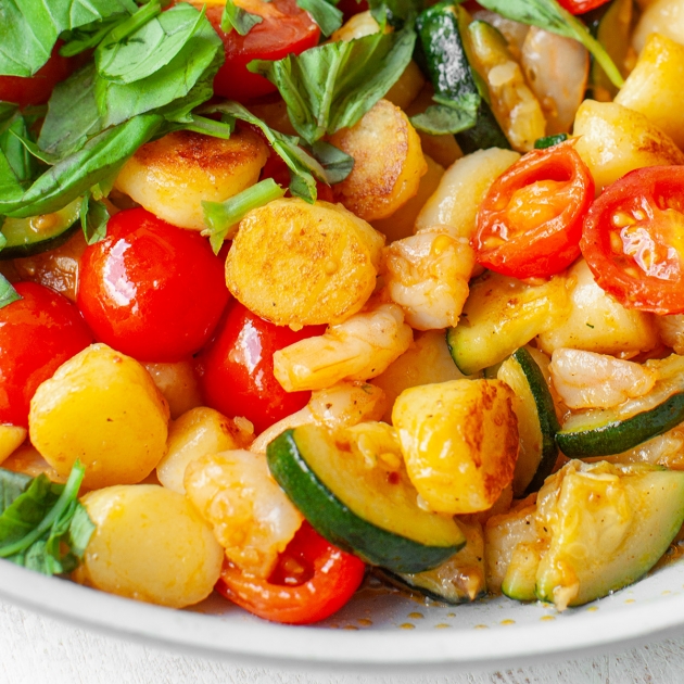 Gnocchi z krewetkami, cukinią i pomidorkami